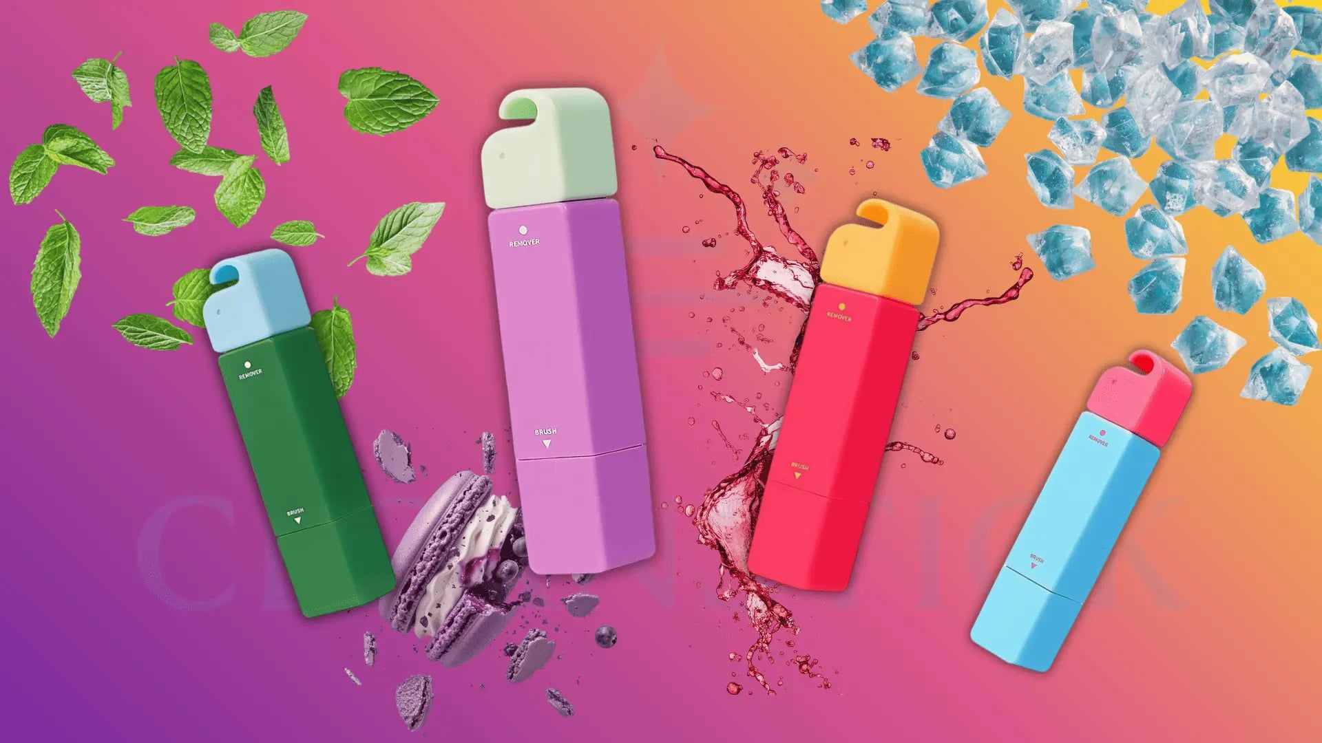 Colorful portable stain removers on a gradient background with mint leaves, ice, and liquid splashes. The scene is vibrant and energetic, highlighting freshness.