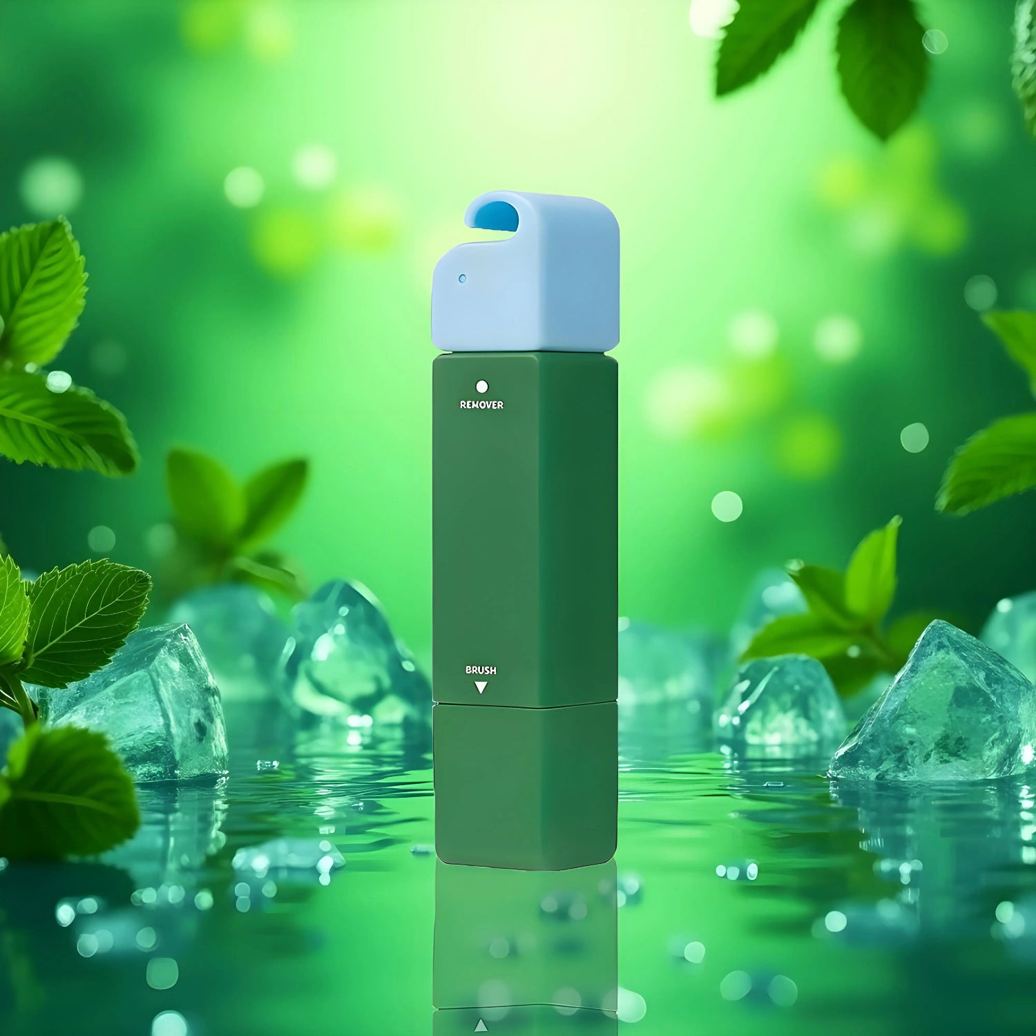 A green and blue portable stain remover stick stands on water surrounded by mint leaves and ice cubes. The background is a vibrant, leafy green, evoking freshness.